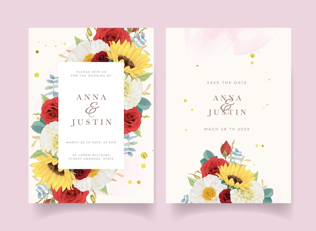 Autumn wedding invitation of watercolor sunflower dahlia and roses Premium Vector