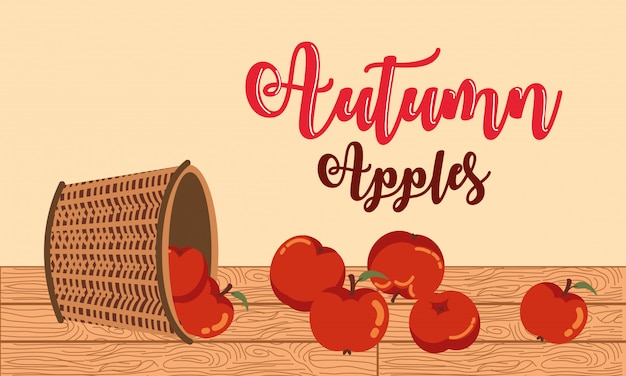 Free vector autumn with apples in basket wicker illustration