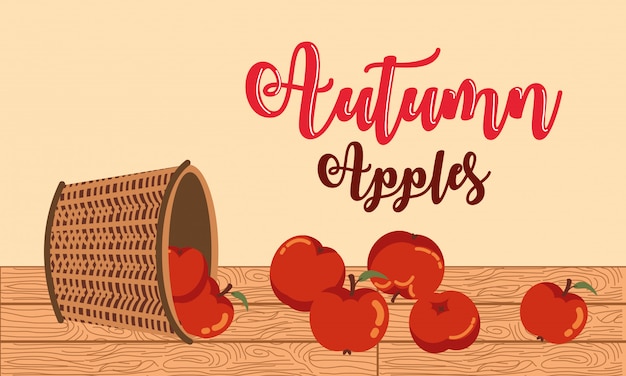 autumn with apples in basket wicker illustration