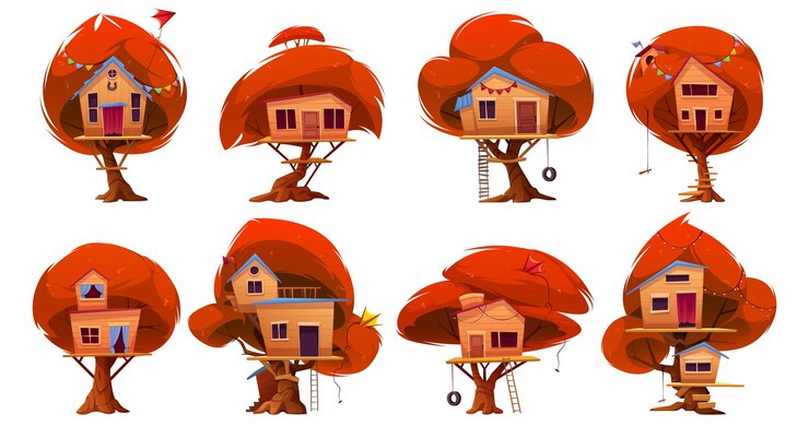Free Vector autumn wood tree house with ladder cartoon set