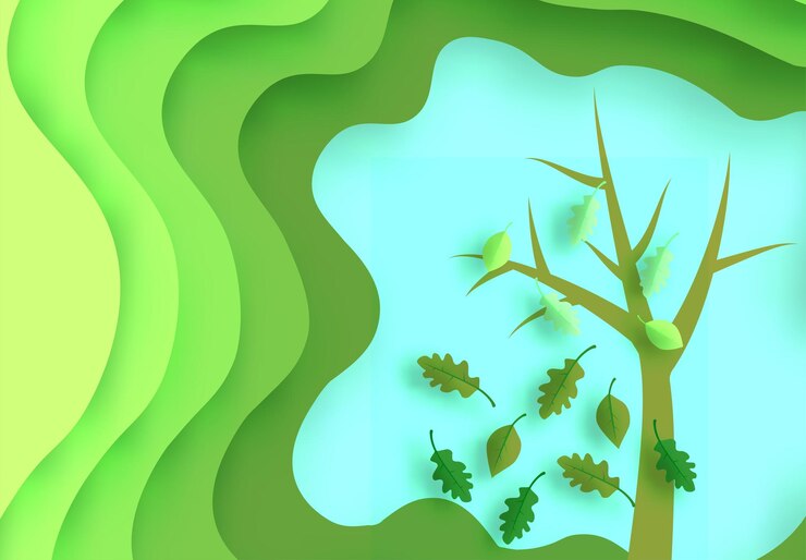 Free Vector autumnal forest with falling maple leaves paper art style