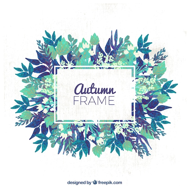 Autumnal frame with blue flowers