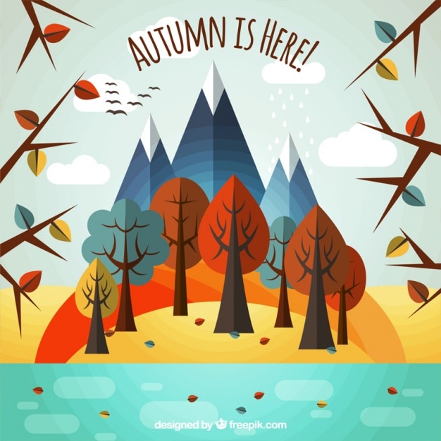 Free vector autumnal landscape with river and geometric trees