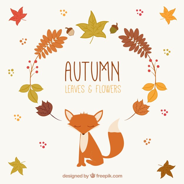 Autumnal leaves and fox with flat design
