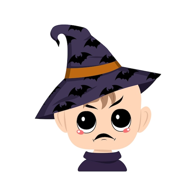 Avatar of child with angry emotions grumpy face furious eyes in pointed witch hat with bats the head...