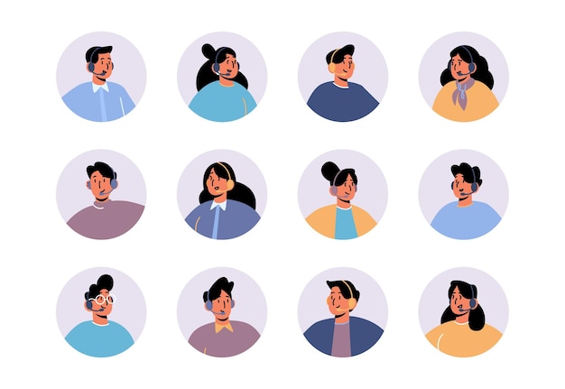 Free vector avatars of customer support service agents vector flat icons set of call center operators with headset women and men workers of contact hotline or online chat