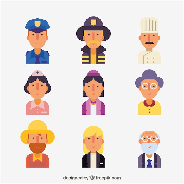 Avatars of different professions with flat design