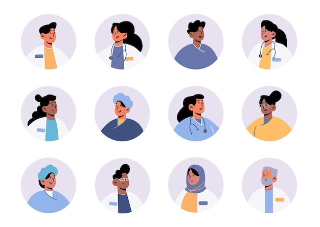 Free vector avatars of doctors and hospital healthcare staff isolated round icons set faces of medics in robes with stethoscopes clinic nurses characters medicine occupation linear flat vector illustration