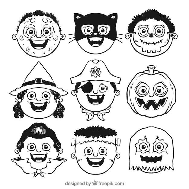 Vettore gratuito gli avatar di disegnati a mano i bambini costumi di halloween
