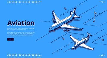 Бесплатное векторное изображение Авиационный баннер. изометрические белые самолеты на взлетно-посадочной полосе в аэропорту на синем