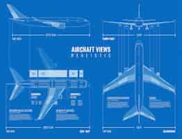 Бесплатное векторное изображение Авиационный промышленный проектный чертеж чертежа набросков верхней части самолета и реалистичного вида спереди