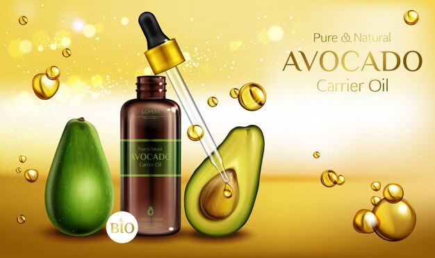 Косметическое масло авокадо. Органическая косметика бутылка с пипеткой на размытой с маслянистыми каплями.