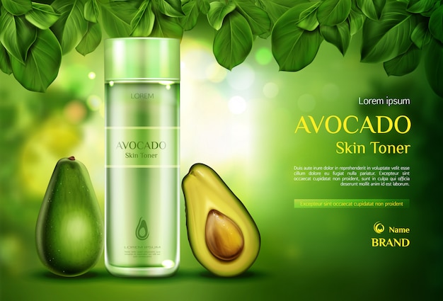 Vettore gratuito tonificante per pelle cosmetici avocado. bottiglia di prodotto di bellezza organica su verde offuscata con foglie di albero.