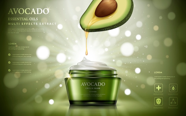 Avocado cream ads  oil dripped from fruit anatomy to a cream container isolatedillustration