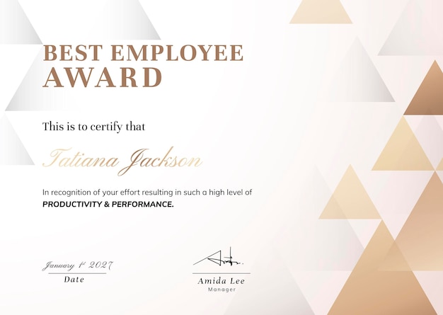 Award certificate template, gold modern design for best employee vector
