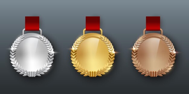 リボン付きのゴールデンシルバーとブロンズの空白のメダルを授与するリアルなイラスト月桂樹の1位と3位のメダルは、赤いリボンの付いた高品質の空白の空のバッジエンブレムを残します