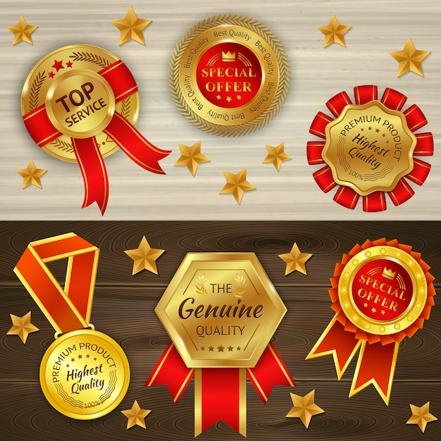 Awards realistic on wooden textured background with red golden medals and stars isolated