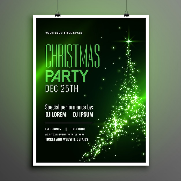 輝くツリーデザインの素晴らしいクリスマスパーティーグリーンチラシ