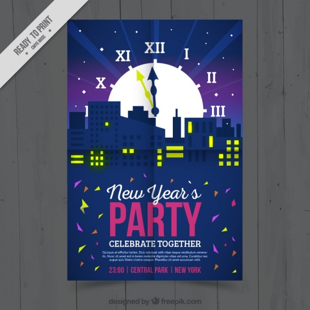 Awesome new year poster with big clock and building silhouettes