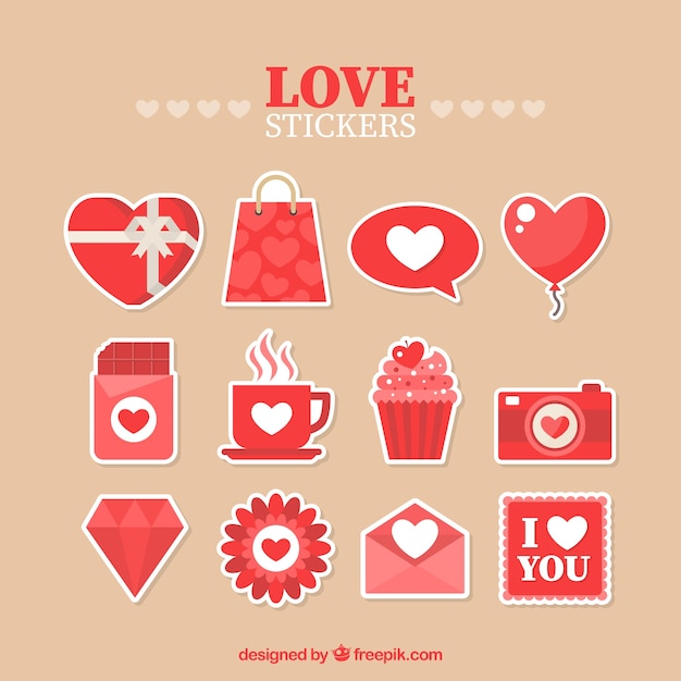 Free vector awesome pack of love stickers in flat design