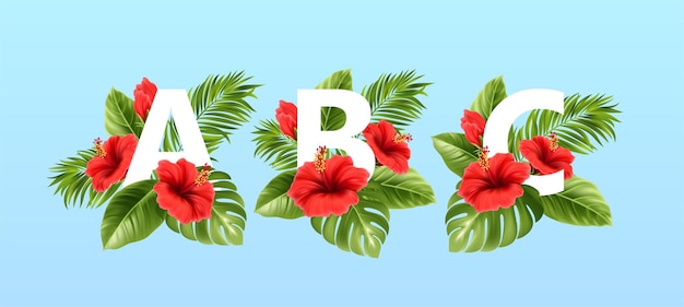 Vettore gratuito lettere abc circondate da foglie tropicali estive e fiori di ibisco rosso