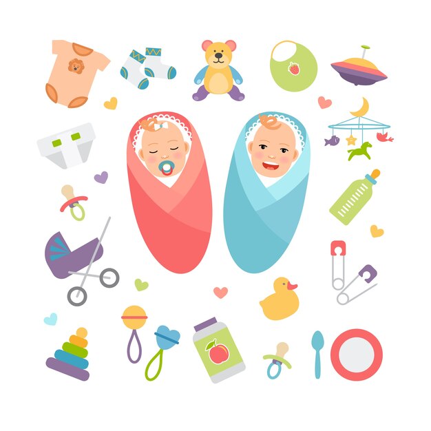 babies and baby products. girl and boy, children accessory. vector illustration
