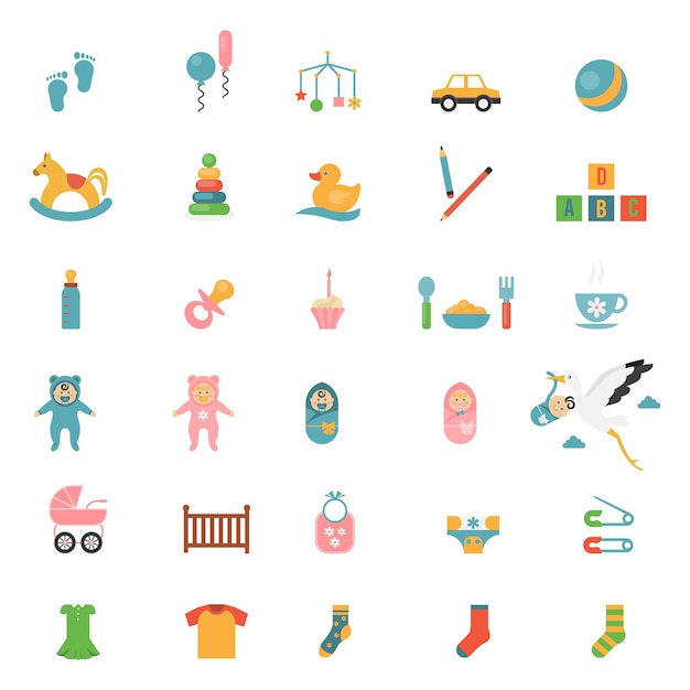 Free vector babies toys icons on a theme of infants and their accessories.