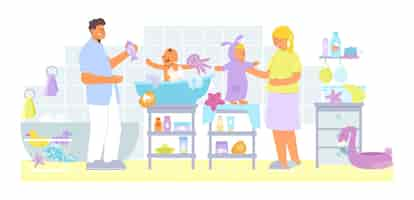 Free vector baby bathing time flat composition with indoor bathroom scenery and mother with father and two kids vector illustration