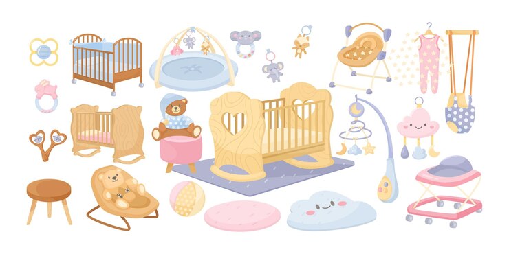 मुफ़्त वेक्टर baby bedroom interior elements vector illustrations set