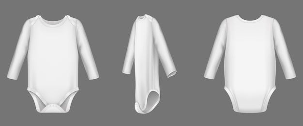 Body per neonato, body bianco o pagliaccetto vista anteriore, posteriore e laterale. camicia per bambini in bianco, tutina, vestiti per bambini appena nati isolati. illustrazione realistica di vettore 3d,