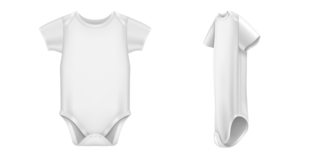 無料ベクター ベビーボディスーツ、半袖の正面図と側面図の白い幼児用ロンパース。子供のための空白の綿の服の現実的なベクトル、分離された新生児のボディスーツ