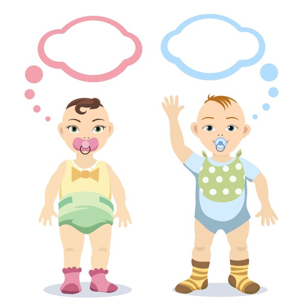 Baby boy and baby girl with speech bubbles isolated on white background.