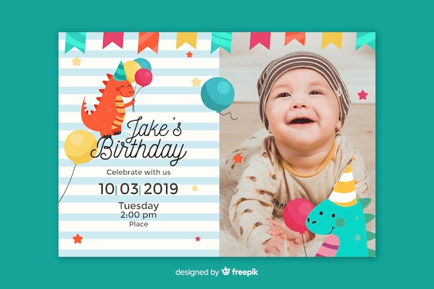 Baby boy birthday invitation with photo