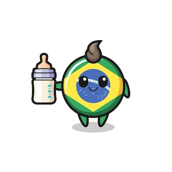 Baby brazil flag badge cartoon character with milk bottle Premium Vector