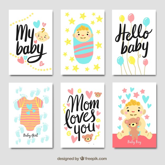 Baby cards collection in hand drawn style