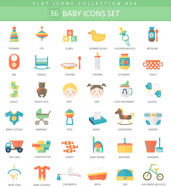 Premium Vector | Baby color flat icon set.