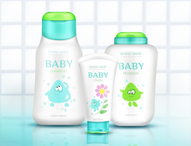 Baby cosmetics bottles with kids design, plastic packages