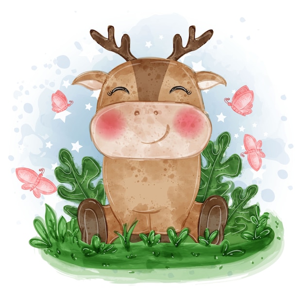 baby deer cute illustration sit down on the grass with butterfly