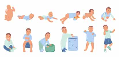 無料ベクター 赤ちゃんの発達段階は、誕生から分離ベクトル図までの小さな子供の漫画のキャラクターのフラット アイコン セット