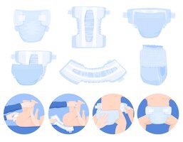 Бесплатное векторное изображение Плоский набор детских подгузников с изолированными видами детского белья и этапами смены векторной иллюстрации подгузников