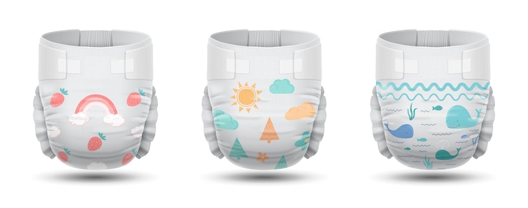 Free Vector baby diapers design realistic set with various colorful patterns isolated vector illustration