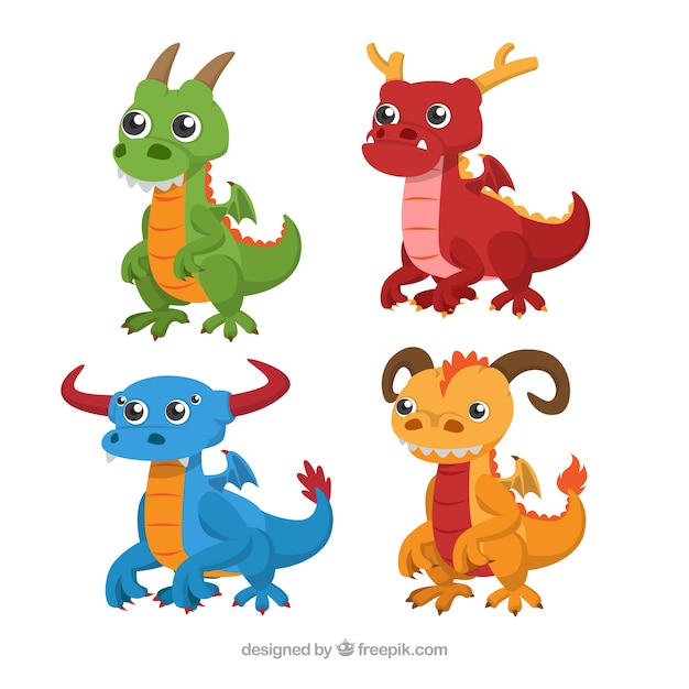 Коллекция персонажей драконов с плоским дизайном