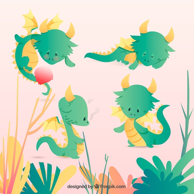 Collezione di personaggi baby dragon con design piatto