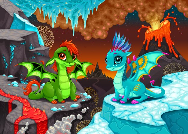 Baby dragons in a fantasy landscape with fire and ice