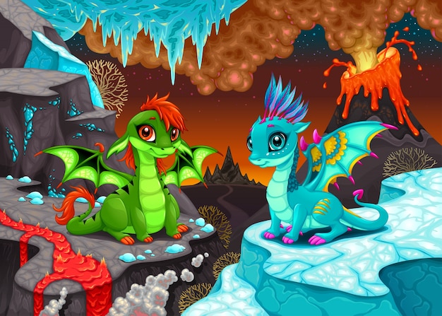 Детские драконы в фантастическом пейзаже с огнем и льдом
