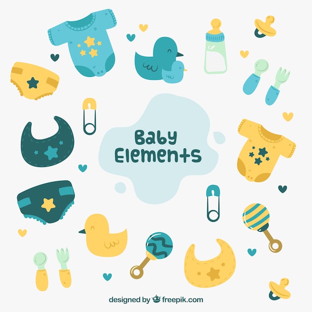 Free vector baby elements background with cute toys and clothes