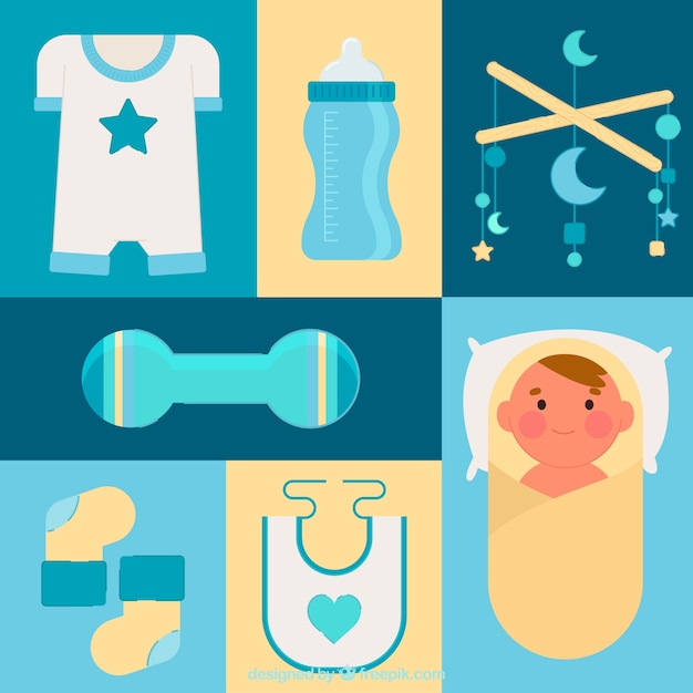 Baby elements background with cute toys and clothes