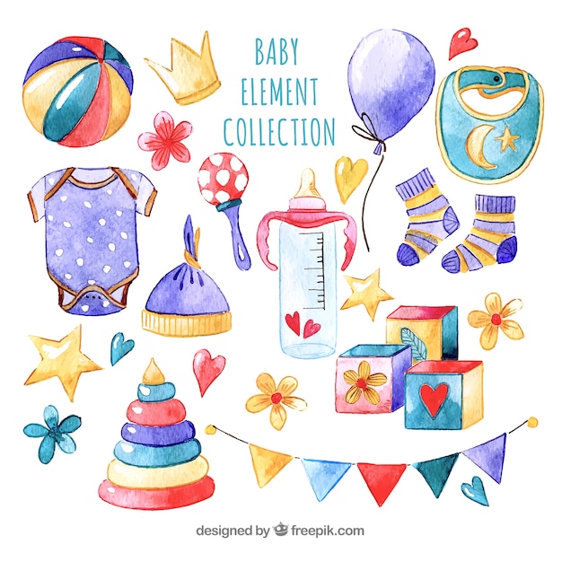 Baby elements collection in watercolor style