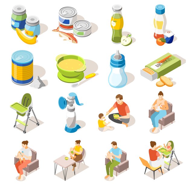 Коллекция изометрических иконок для детского питания с бутылочкой для грудного вскармливания, стульчик для кормления, баночки с сухим молоком, векторная иллюстрация