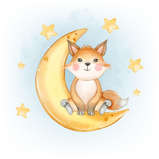 Baby fox adorable on the moon watercolor